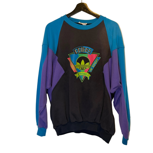 Vintage Adidas Sweatshirt – 90er Jahre – Colorblock – Schwarz/Türkis/Lila